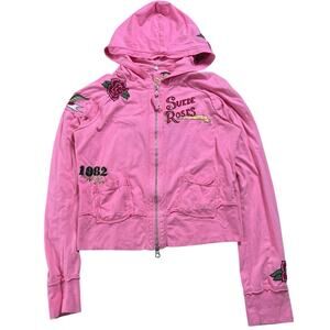 Johnny Was Hoodie Womens M Floral Embroidered Pink Full Zip